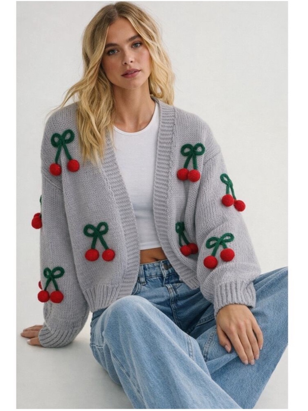 Luna Ivy Periwinkle Open Front Cherry Cardigan Sweater